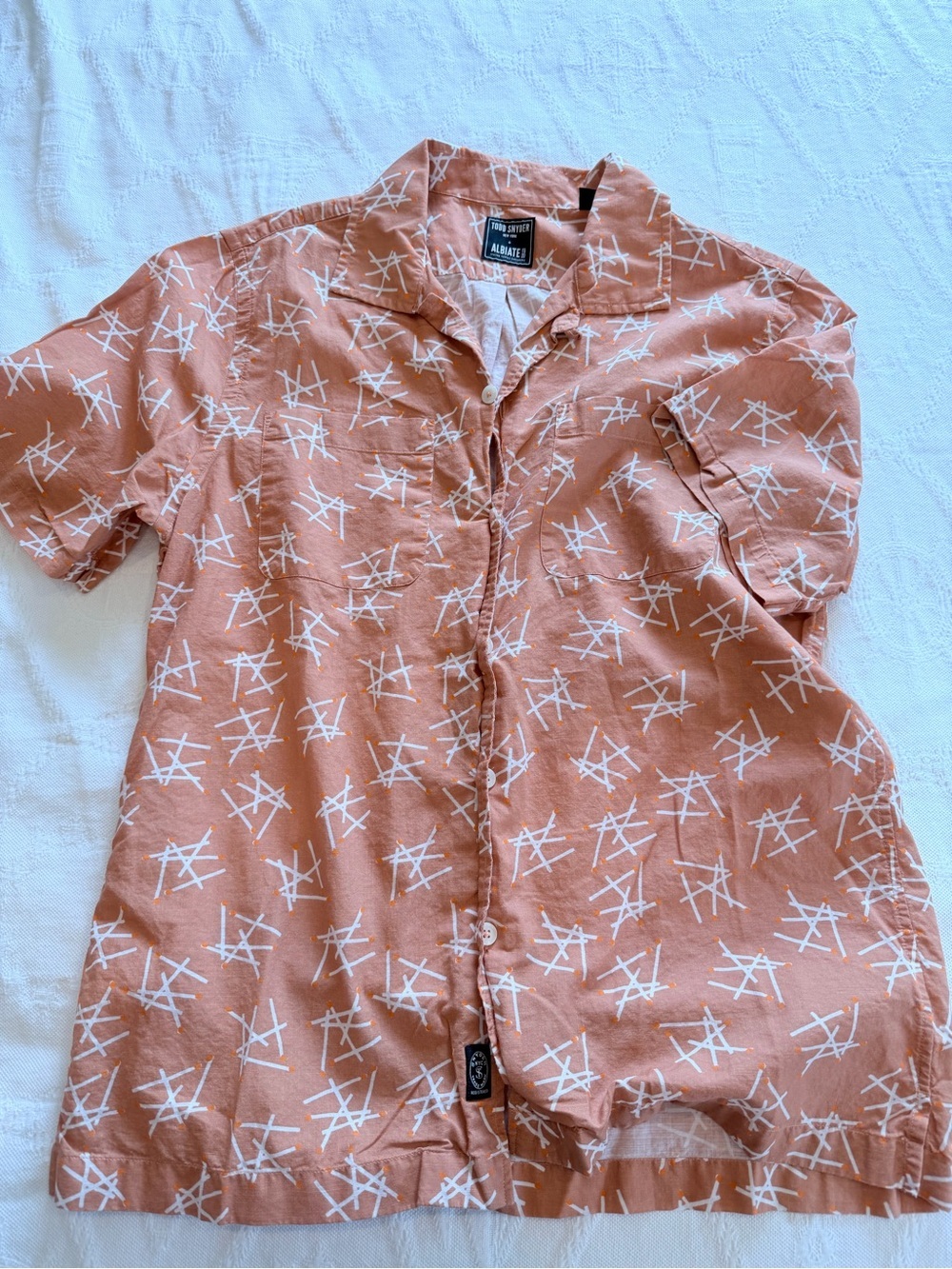 Todd Snyder Orange Printed Short-Sleeve Button-Down Shirt Matchstick Design - Picture 2 of 4